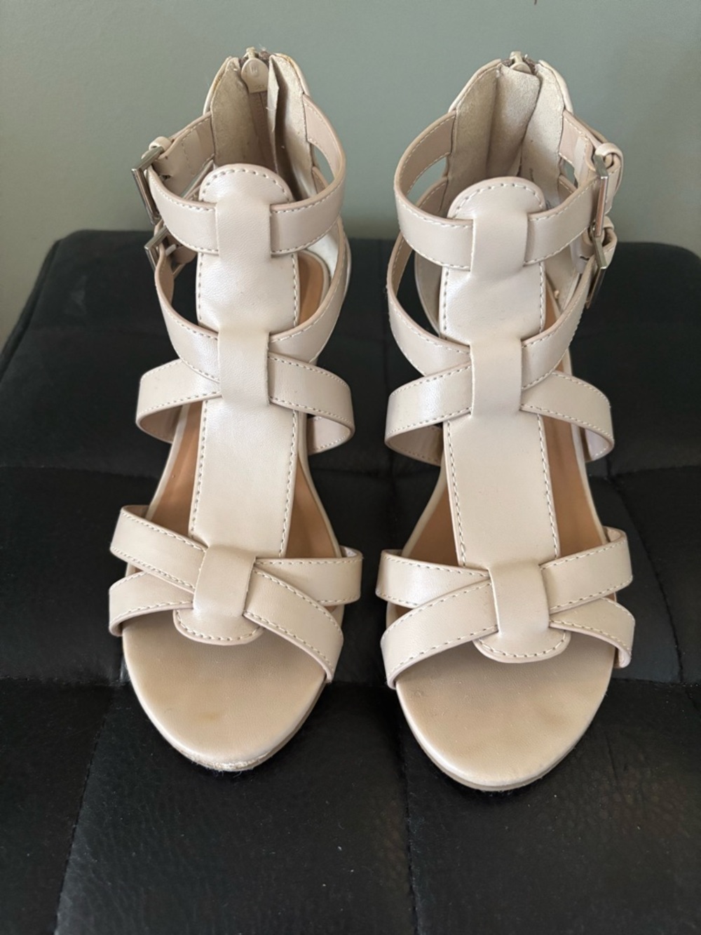 Soda Beige Strappy Wedge-Heel Sandals